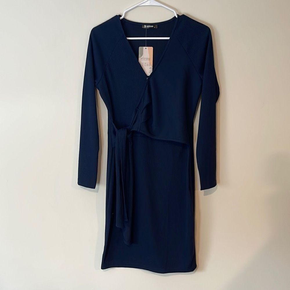 BTFBM Women's Long Sleeves Ribbed Wrap Midi Dress Navy Size S / NWT